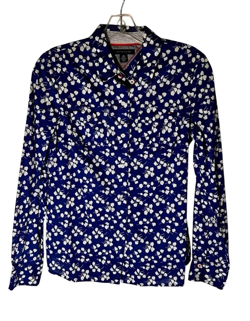 Tommy Hilfiger Long Sleeve Button Shirt Women's Size S Blue Floral Print Top
